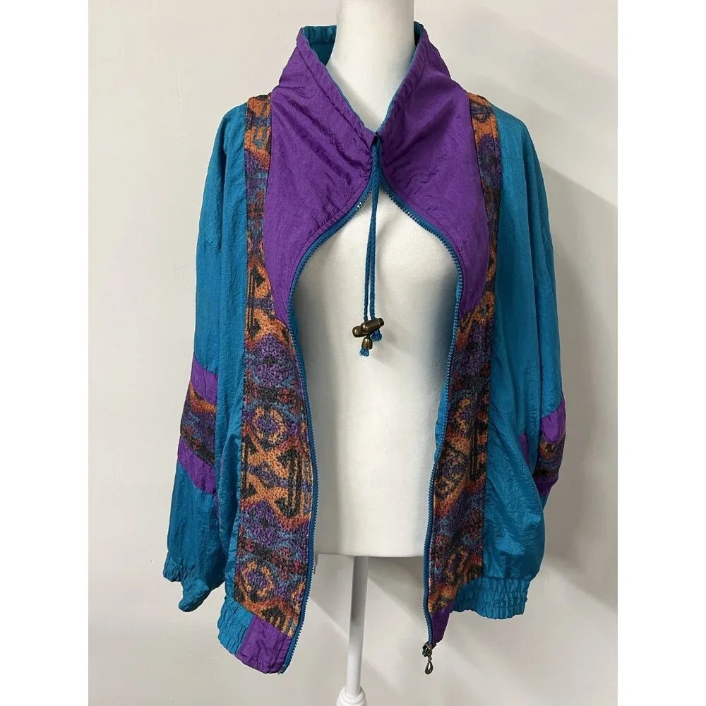 Vtg 80s 90s Women’s Med (lg) Purple Aztec Westport Jacket Colorful Windbreaker - Picture 8 of 13